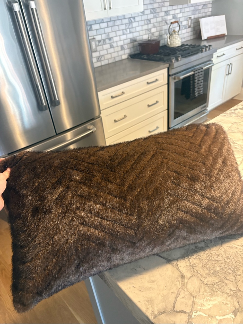 New Hunter Lux Faux Fur Accent large lumbar Pillow in Dark Brown